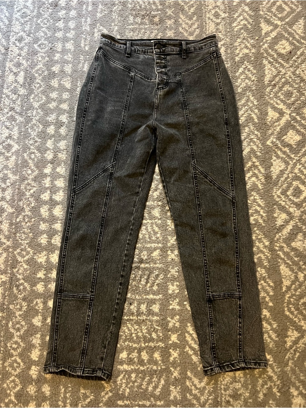 Cello High Rise Straight Leg Washed Black Seamed Paneled Geometric size 9 (Q112)